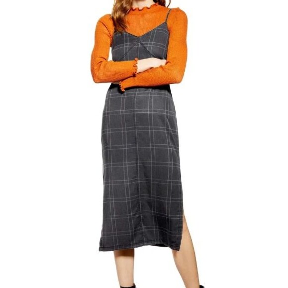 Top Shop Women’s Plaid Dress Size 8 Midi Gray Black Sleeveless V Neck Zip Slits - Picture 2 of 16